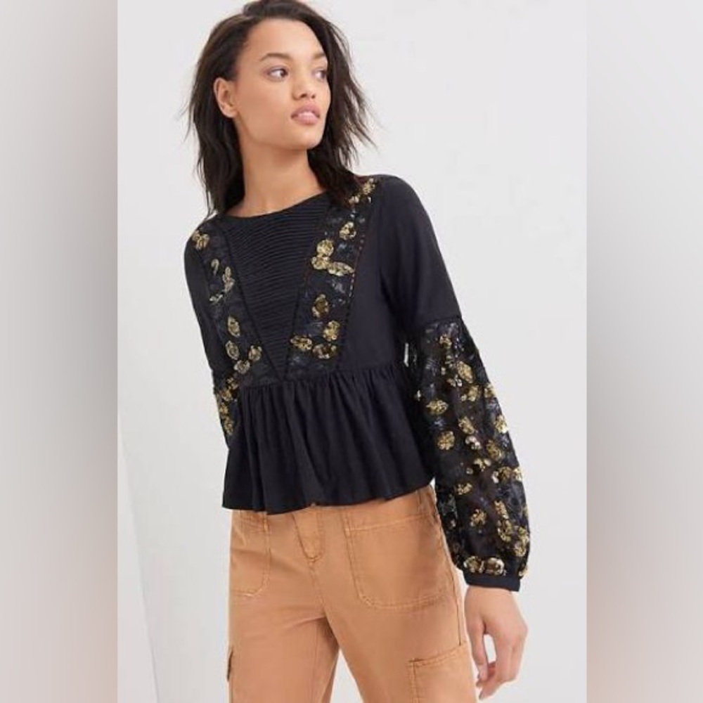 NWT Anthropologie Neal Black Sequin Peplum Top